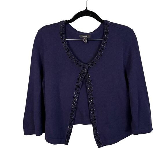 ALFANI Cardigan Womens M Wool Blend Embellished Beaded Party Cropped Navy Blue - Picture 1 of 7
